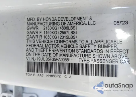 2023 Acura Tlx Standard из США, поврежденный, VIN 19UUB5F35PA005811